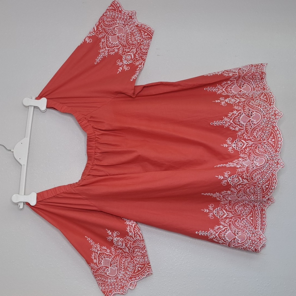 Chelsea & Theodore Coral Off-Shoulder Embroidered Top
